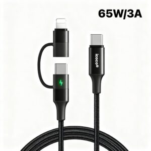 3-in-1 Quality 65W 3A Fast Charging Visible Cable Compatible for Smart Phone Tablets Laptops with 480Mbps High-Speed Transmission(1.2M)