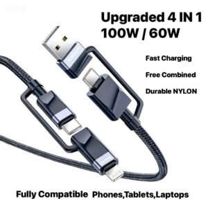 60W(100W) 4-in-1 Super Fast Charging Cable for Smart Phone Tablets Laptops Game Consoles Power Banks,etc with 480Mbps High-Speed Transmissio(1.2M)