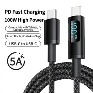 100W 5A PD Fast Charging USB C to USB C with Smart Display E-Marker Chip